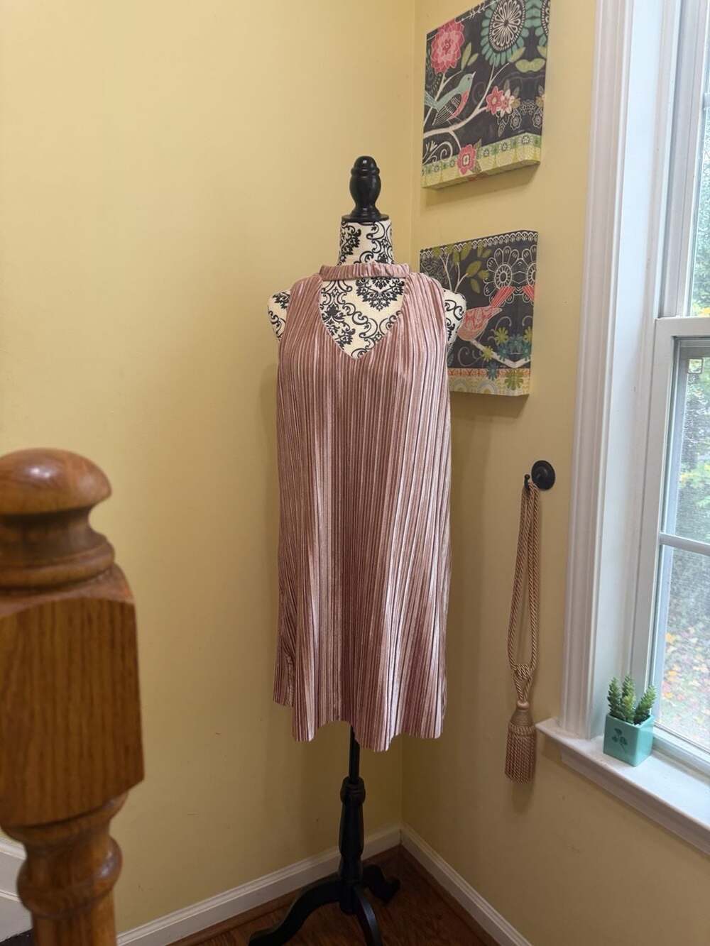Pleated Velvet Shift Dress Pink Choker Neck Sleeveless